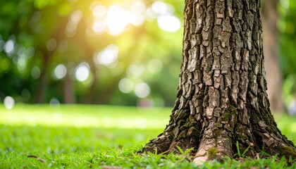 Obraz premium Majestic tree trunk bathed in sunlight amidst verdant grass, a serene nature photography