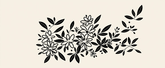 black minimalist floral illustration with leaves and abstract shapes