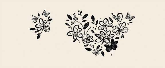 black minimalist floral illustration with leaves and abstract shapes and butterflies
