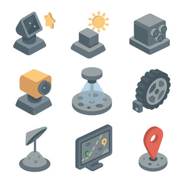 Lunar Navigation Icon Set. Isometric Flat icon set of Lunar terrain navigation: star tracker, sun sensor, inertial unit, terrain
