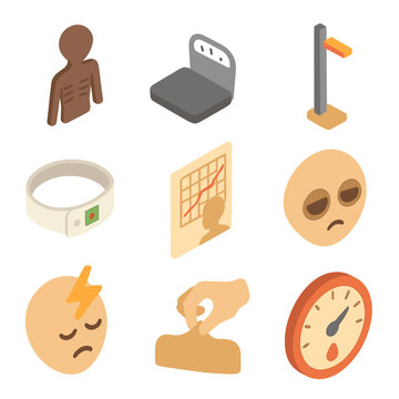 Malnutrition Indicators Icons. Isometric Flat icon set of Malnutrition indicators in children: child silhouette with visible ribs,