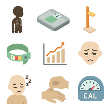 Malnutrition Indicators Icons. Isometric Flat icon set of Malnutrition indicators in children: child silhouette with visible ribs,
