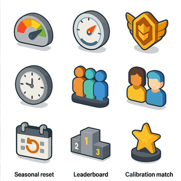 Matchmaking Icon Set. Isometric Flat icon set of matchmaking features: skill matchmaking gauge, ELO rating dial, rank tier badge,