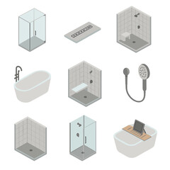 Modern Bathroom Icon Set. Isometric Flat icon set of shower and tub designs: frameless glass door, linear floor drain, alcove