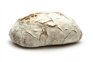 Obraz premium A sourdough bread loaf, covered in flour with cracks, sits on a white background, showing rustic texture.