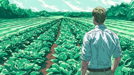 Farmer Overlooking Crop Field: Sustainable Agriculture