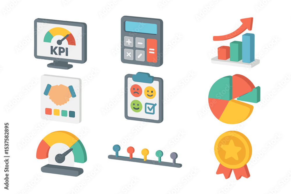 Poster performance metrics icons. isometric flat icon set of performance metrics: key performance indicator