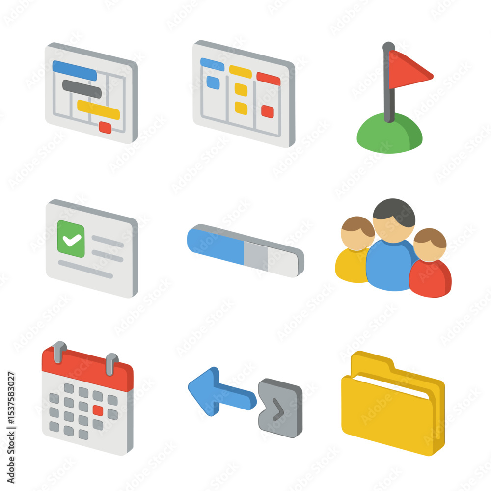 Poster project management icons. isometric flat icon set of project management workflow: gantt chart, kanba