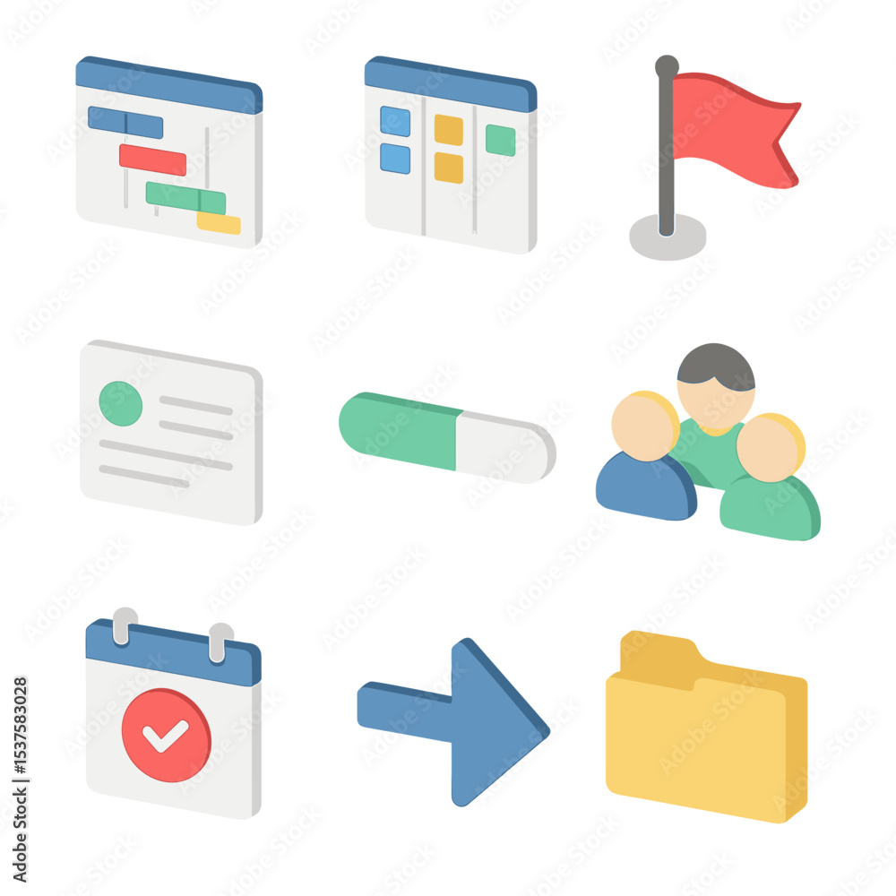 Poster project management icons. isometric flat icon set of project management workflow: gantt chart, kanba