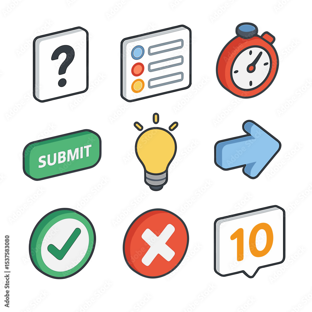 Poster quiz interaction icons. isometric flat icon set of quiz interaction tools: question card, multiple-c