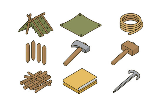 Primitive Shelter Icon Set. Isometric Flat icon set of primitive shelter building: lean-to structure, tarp cloth, rope coil,
