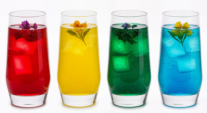 Colorful Summer Drinks with Isolated Background Ice Cubes and Edible Flowers