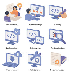 Software Development Icons. Isometric Flat icon set of software development cycle: requirement gathering, system design, coding,