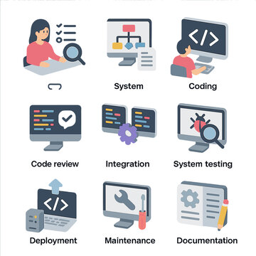 Software Development Icons. Isometric Flat icon set of software development cycle: requirement gathering, system design, coding,