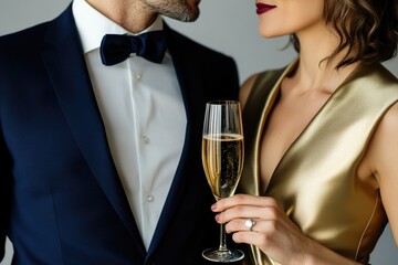 Elegant couple celebrating with champagne, the woman wearing a gold dress and the man in a navy suit.
