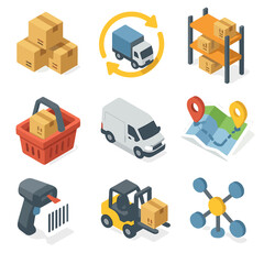 Startup Operations Icons. Isometric Flat icon set of startup operations management: inventory box stack, supply chain truck,