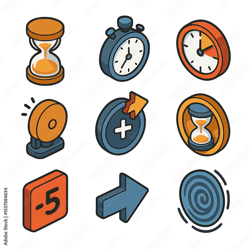 Poster time challenge icon set. isometric flat icon set of time challenge mechanics: hourglass timer, stopw