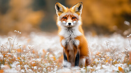 Fototapeta premium A red fox rests quietly among vibrant autumn flowers, capturing the essence of wild elegance and the peaceful rhythm of nature. Vertical composition with soft natural light and rich seasonal colors.