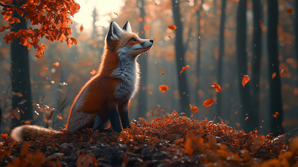 A red fox rests quietly among vibrant autumn flowers, capturing the essence of wild elegance and the peaceful rhythm of nature. Vertical composition with soft natural light and rich seasonal colors.

