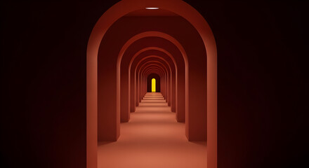 Fototapeta premium Abstract Red Archway Corridor Leading to Yellow Light, Minimalist 3D Render Background