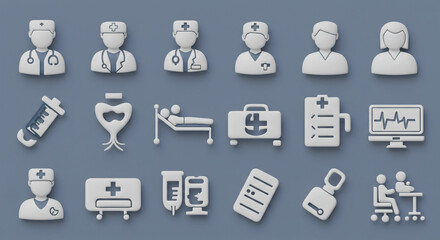 A collection of medical icons including doctors, equipment, and patient care on a gray background