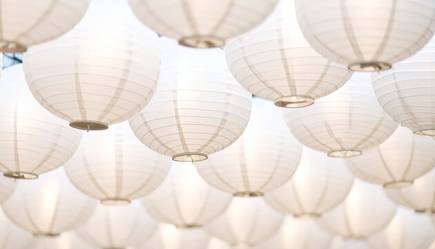 Glowing white paper lanterns create ambient atmosphere. ideal for parties, weddings, or home decor. discover the beauty of these simple yet elegant luminous decorations. - Powered by Adobe