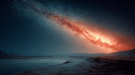 A fiery nebula glows vividly in space, with two mysterious black holes hovering above a barren planetary surface. Cosmic drama unfolds in this surreal sci-fi vertical composition. Caption space on the