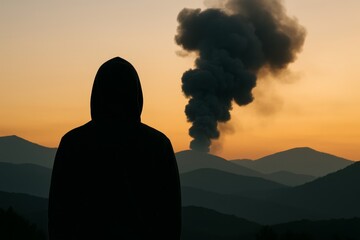 Silhouette of hooded person watching dark smoke rise from distant explosion in mountains during twilight.