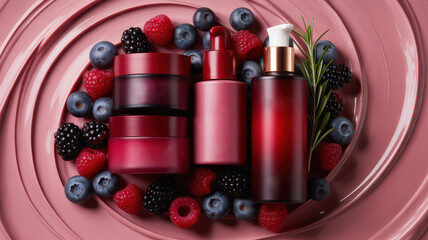 Berry-infused skincare products with fresh blueberries, raspberries, and blackberries on pink cream.
