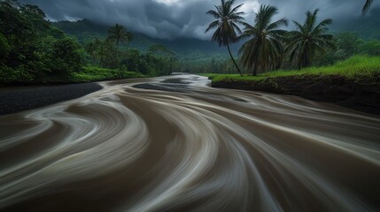 Fototapeta premium Serene River Flow Through Lush Green Jungle with Stormy Sky