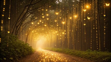 Christmas tree lights glow brightly through the foggy country woods at night, casting a warm light on the autumn landscape