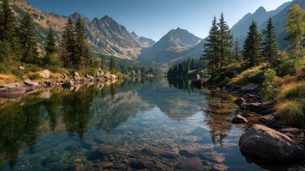 Serene mountain lake landscape reflecting the sky and trees on a tranquil day