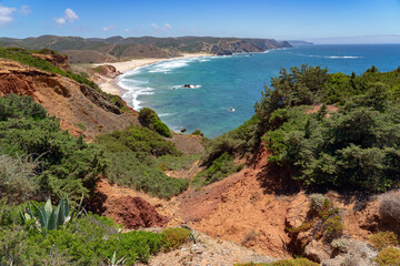 Landscape of the Amado beach since lookout in a sunny day, Carrapateira, Portugal.