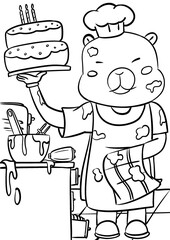Cute Bear Chef Baking Cake – Printable Coloring Page for Preschool and Toddlers