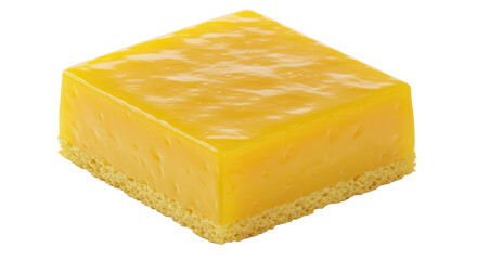 Vibrant Yellow Square Dessert with Glossy Glaze and Sponge Base