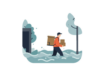 A delivery man navigates floodwaters carrying supplies. Stylized illustration with a muted color palette and a focus on resilience and help. Suitable for business and social impact themes.