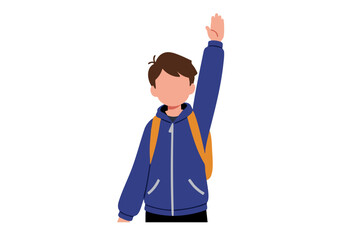 A young boy raises his hand in a gesture of alert. Simple, clean illustration style. Ideal for educational or promotional materials.