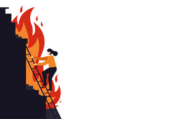 A determined woman climbs a burning ladder, symbolizing resilience and ambition. Dramatic flames create a dynamic, high-contrast image.  Powerful visual metaphor.