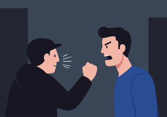 Intense confrontation between two men One man is yelling the other reacting with anger and defensive gesture Dramatic lighting and dark background create a tense atmosphere 