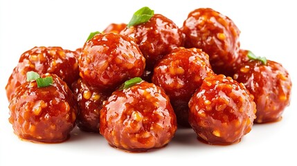 Glazed meatballs, stacked unevenly, topped with green herbs, isolated on white
