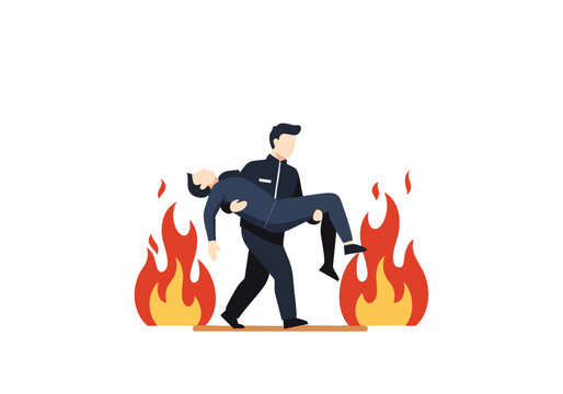 A man carries a fallen colleague through a fiery scene. Dramatic rescue action, conveying urgency and assistance. Strong visual impact.