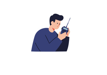 A young man uses a handheld radio, likely in a field or outdoor setting. Clean, modern illustration style. Focus on radio support.
