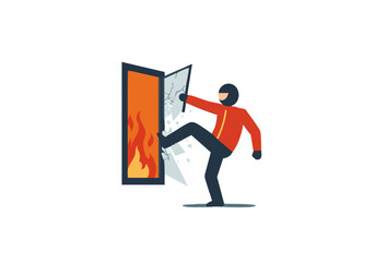 A masked figure violently breaks through a digital screen filled with flames. A bold, impactful illustration conveying financial risk and destruction. Break Save.