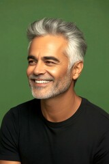 Obraz premium A soft and natural man with a glowing expression. Green solid background. Creative of style for aging men. Chic men's layered cut haircut - midlife indian man with middle hair.