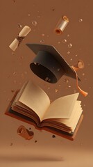 Graduation cap and diploma scrolls floating above an open book on a brown background with droplets