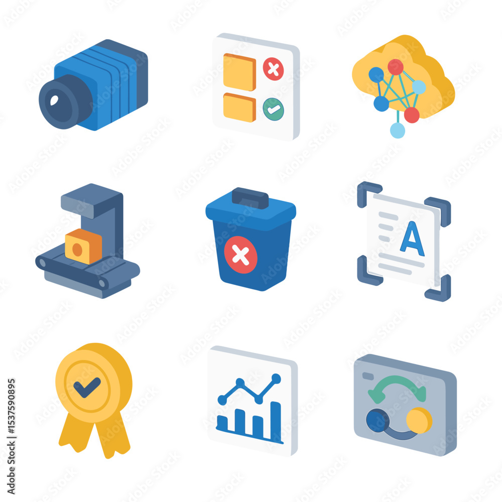 Poster ai quality control icons. isometric flat icon set of ai-driven quality control: machine vision camer
