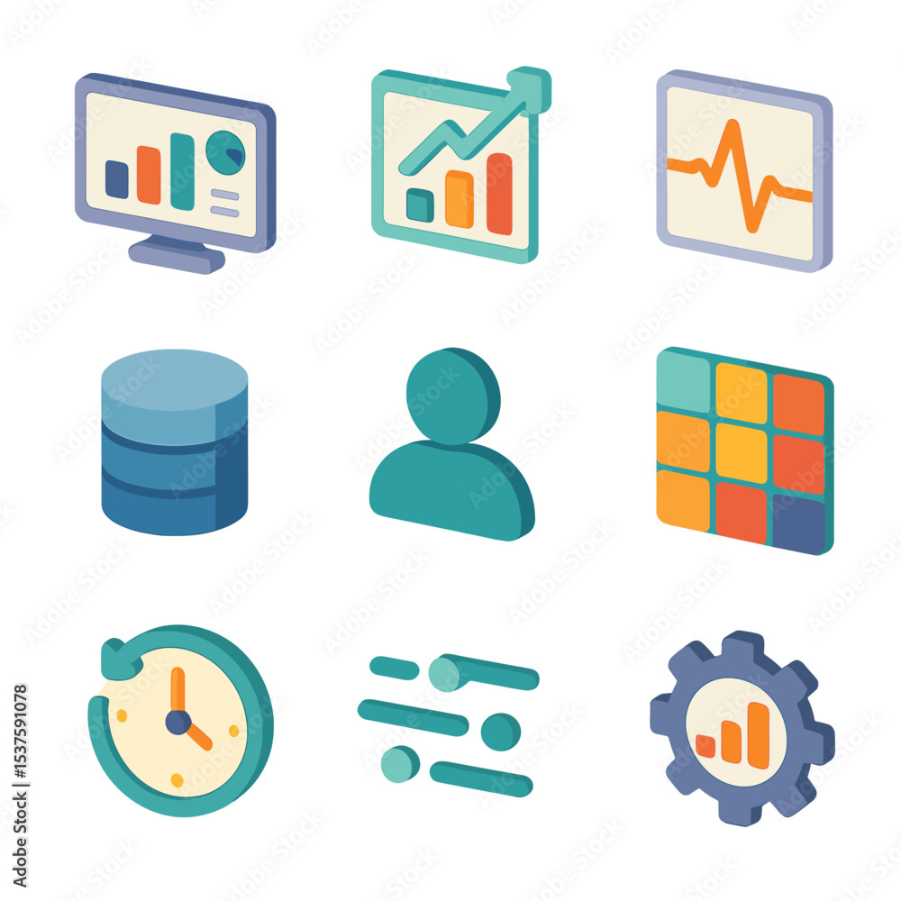 Poster isometric analytics icons. isometric flat icon set of real-time user analytics: live dashboard, upda