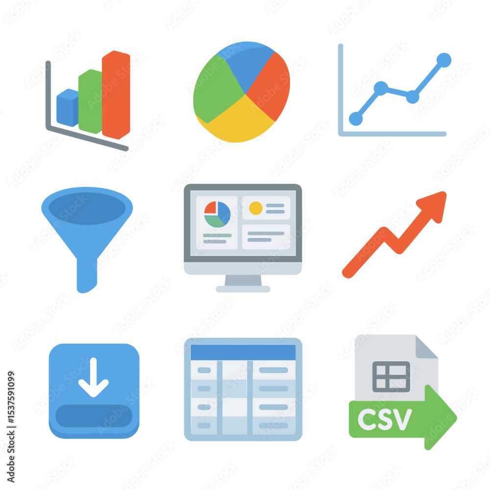 Poster isometric analytics icons. isometric flat icon set of team analytics and reporting: bar chart, pie c