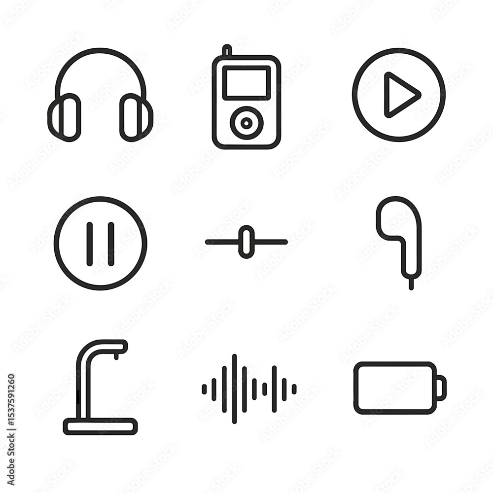 Poster audio guide icon set. outline icon set of audio guide tools: headphones, audio player, play button, 