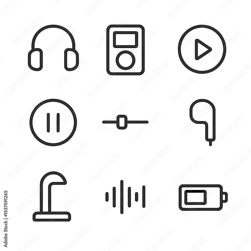 Poster audio guide icon set. outline icon set of audio guide tools: headphones, audio player, play button, 